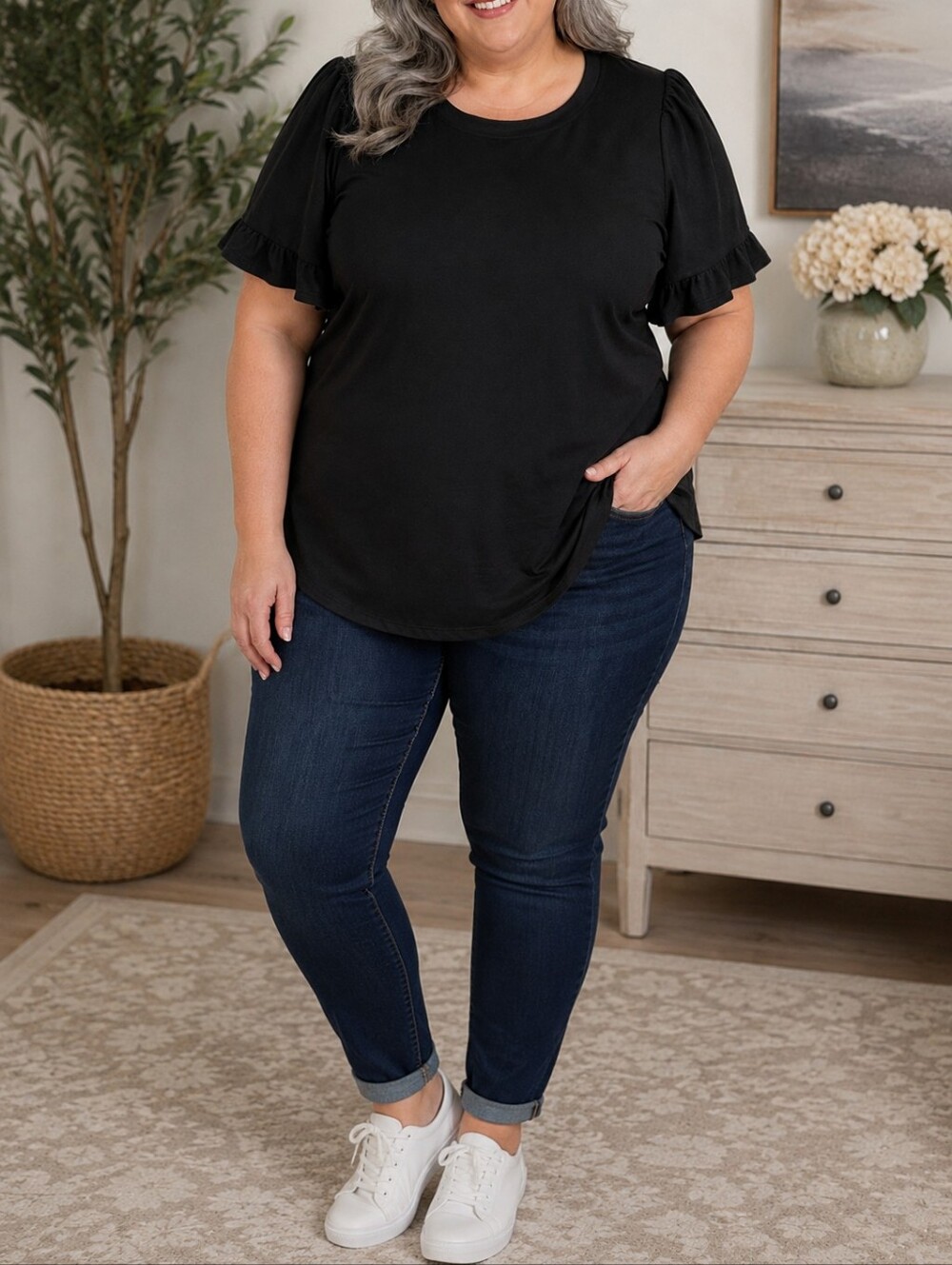 Cupio Black Ruffle Sleeve Short Sleeve Tee